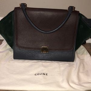 Navy blue and maroon leather with green suede sides, shoulder bag.